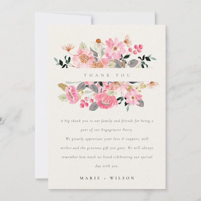 Cartão De Agradecimento Noivado Floral de Aquarela Rosa-Rosa-Bonita (Frente)