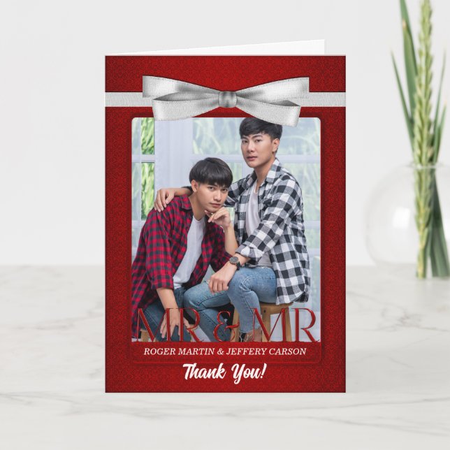 Cartão De Agradecimento Noivo Gay de Dois Noivos Casamento Branco (Frente)