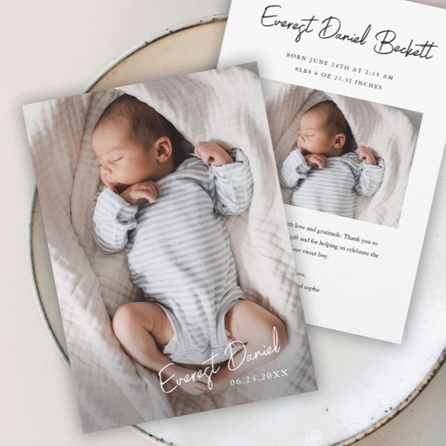 Cartão De Agradecimento Nome de Bebê em Script Moderno Foto  (Simple Script Photo Baby Thank You Cards.)