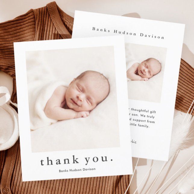 Cartão De Agradecimento Nome Moderno 2 Photo Baby (Simple typography baby photo thank you card.)