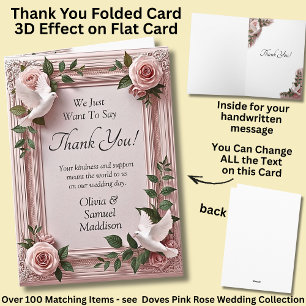 Cartão De Agradecimento Nomes & Mensagem em Rosas Rosa & Pombas Casamento
