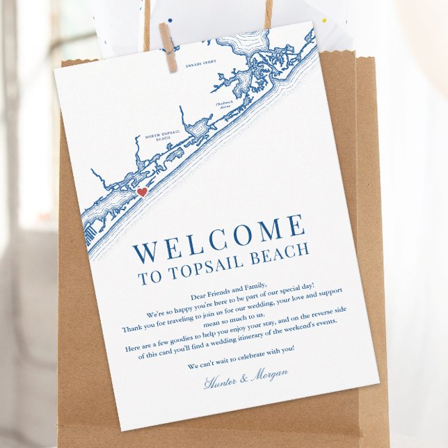 Cartão De Agradecimento North Topsail Beach Wedding Welcome Letter Navy (North Topsail Beach NC Map Wedding Welcome Letter Schedule of Events in Elegant Navy Blue
)