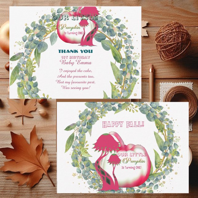 Cartão De Agradecimento Nossa Pequena Camisola Verde primeiro aniversario  (Our Little Pumpkin Pink 1st Birthday Green Wreath Thank You Card)