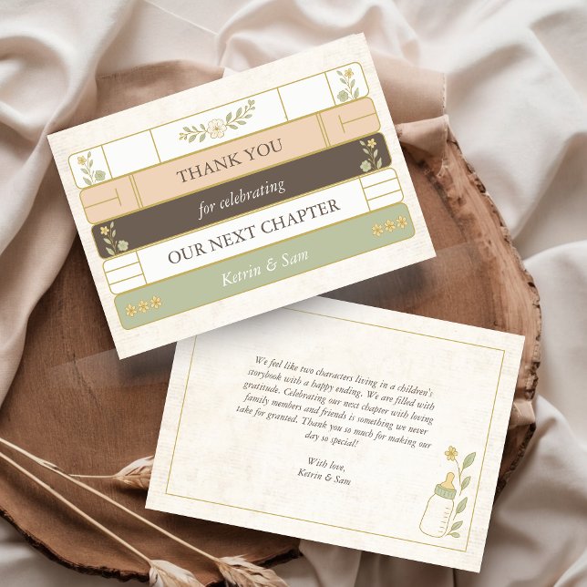 Cartão De Agradecimento Nosso Próximo Capítulo Chá de fraldas Storybook (Our next chapter Storybook Baby Shower Thank You Card, Vintage Unique Design with Floral Details)