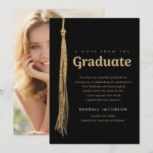 Cartão De Agradecimento Nota de borla negra y dorada del graduado y foto