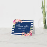 Nota de Casamento com Listras Azuis e Florais Rosa
