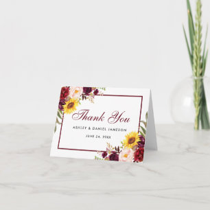 Cartão De Agradecimento Nota de Casamento Floral Mista Burgundy em Aquarel