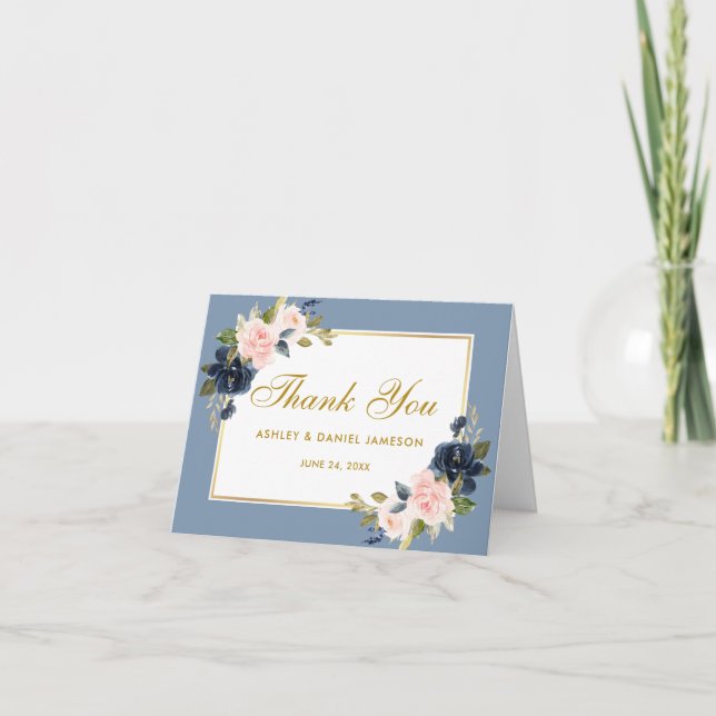 Cartão De Agradecimento Nota Dourada de Casamento Floral de Blush Azul Dus (Frente)