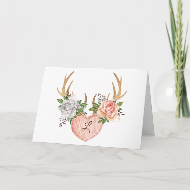 Cartão De Agradecimento Notecard Floral Antler Monogramas - Dentro Vazio (Frente)