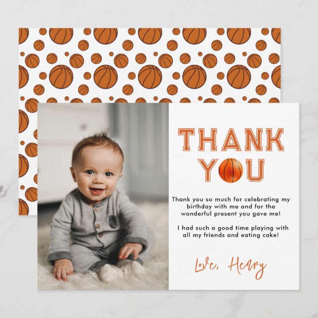 Cartão De Agradecimento Novato do Ano Basquete de 1º Aniversário (Frente/Verso)