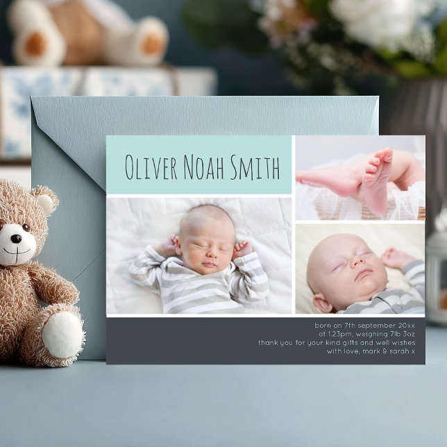 Cartão De Agradecimento Novo anúncio/cartões de agradecimentos do bebê (Capture every sweet detail 💙 A modern photo collage birth announcement to celebrate your little one)