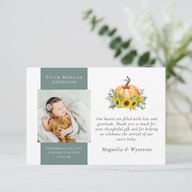 Cartão De Agradecimento Novo Bebê Obrigado | Abate de abóbora (Em pé/Frente)