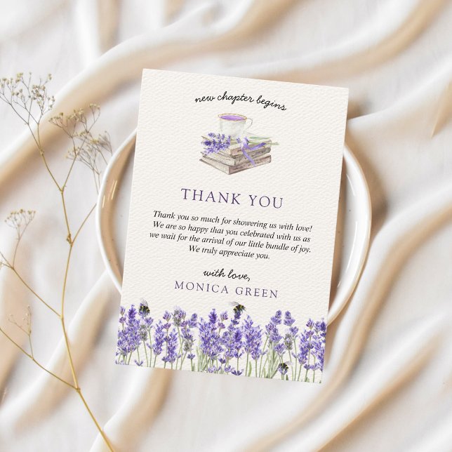Cartão De Agradecimento Novo capítulo inicia livro Lavanda Chá de fraldas (New chapter begins, stroybook, book inspired baby shower, lavender, bee, wildflowers)