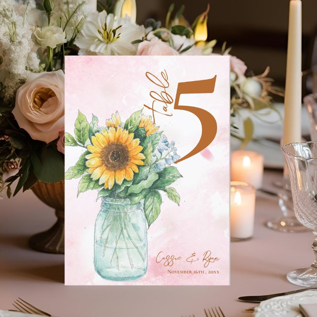 Cartão De Agradecimento Número da Tabela de Casamento de Girassol de Giras (Country Sunflower Mason Jar Wedding Table Number)
