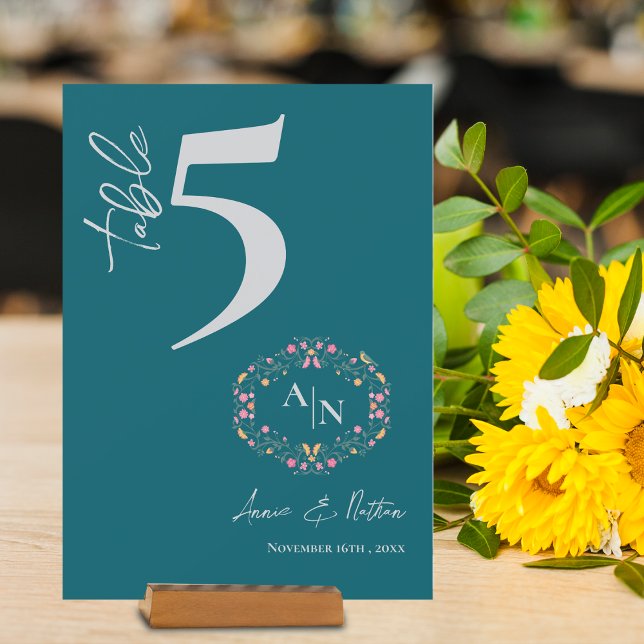 Cartão De Agradecimento Número da Tabela de Casamento do Monograma de Quad (Pretty Floral Frame Monogram Wedding Table Number)