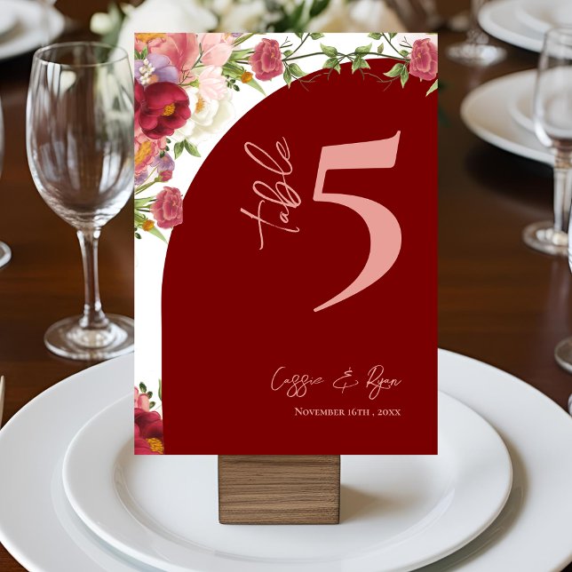 Cartão De Agradecimento Número da Tabela de Festa de casamento Floral de P (Red Arch Peach Floral Wedding Party Table Number)