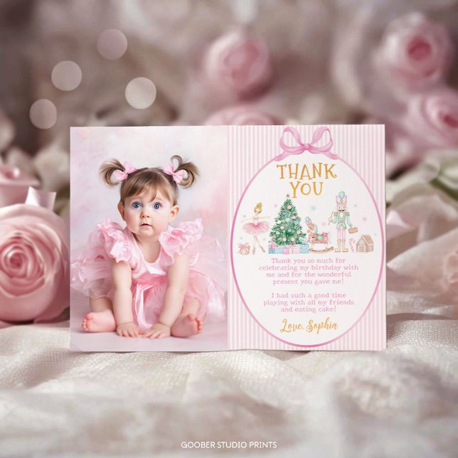 Cartão De Agradecimento Nutcracker Pink Bow Christmas Birthday Photo (Criador carregado)