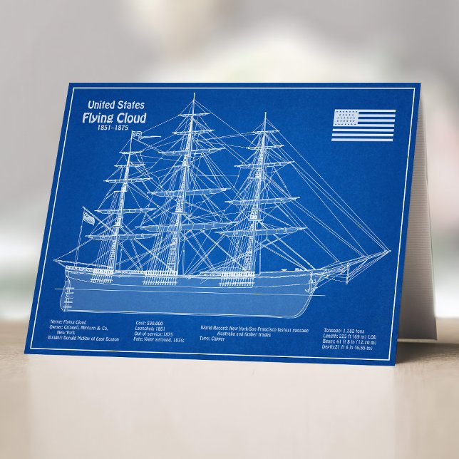 Cartão De Agradecimento Nuvem de Voo de Entrega do Clipper - ABD de Bluepr (Clipper Ship Flying Cloud - Blueprint ABD. Thank You Card)