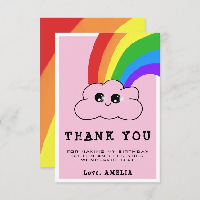 Cartão De Agradecimento Nuvem Kawaii Arco-íris Menina Rosa Aniversário Inf (Frente/Verso)