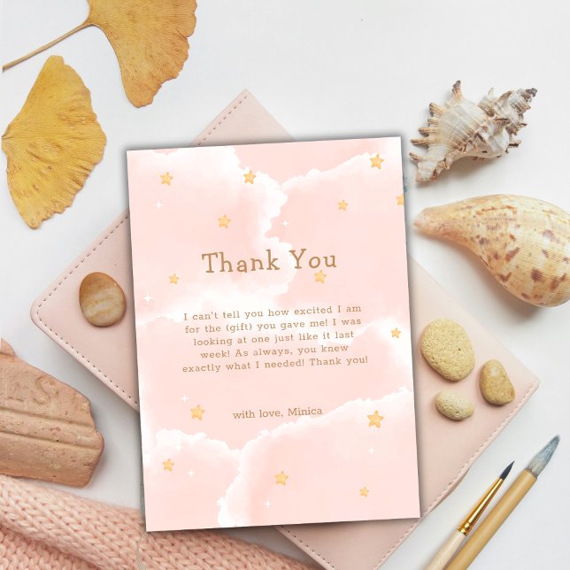 Cartão De Agradecimento Nuvem Moderna Rosa Nine Stars Chá de fraldas Rapar (Pink Modern Cloud Nine Stars Girl Baby Shower Thank You Card)