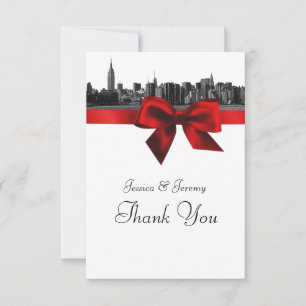 Cartão De Agradecimento NYC Skyline Amplo Gravado BW Vermelho Escuro Obrig
