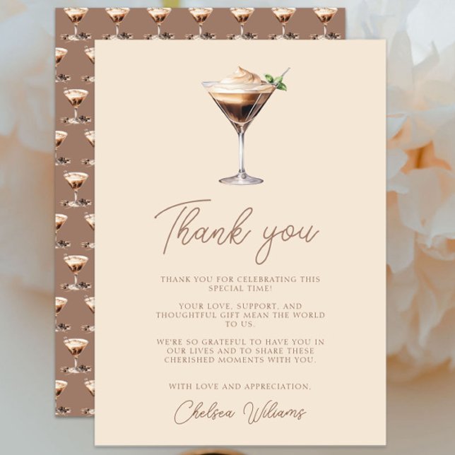 Cartão De Agradecimento O Amor Está Fermentando Churrasco de Noivado Espre (Love is Brewing Espresso Martini Bridal Shower Thank You Card, Elegant Chic Modern, Cream Brown)