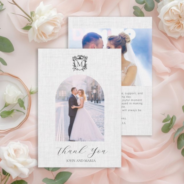 Cartão De Agradecimento O Elegante White Photo Arch Crest Casamento Obriga (Elegant arch photo wedding thank you card with crest)