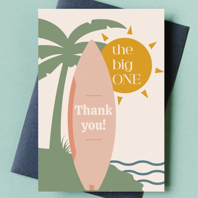 Cartão De Agradecimento "O Grande" Festa de primeiro aniversario para o Oc ("The big one" surfing first birthday party thank you card pink surfboard 1st bday thanks gift note)