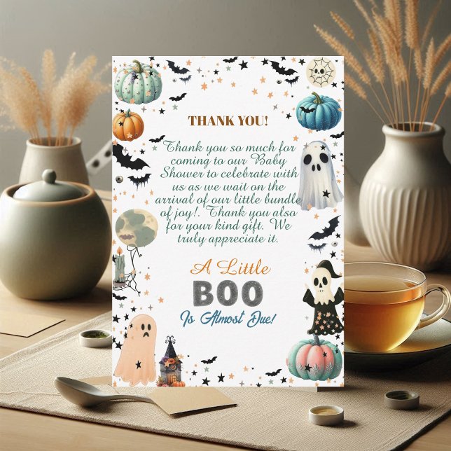 Cartão De Agradecimento O Pequeno Boo é devido ao Chá de fraldas fantasma  (Little BOO Is Due Ghost Pumpkin Spooky Baby Shower Thank You Card)