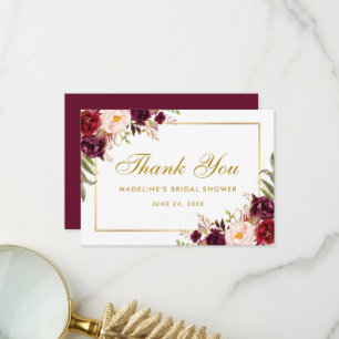 Cartão De Agradecimento Obrigada Chuveiro Nupcial Floral Dourado Borgonha