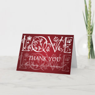 Cartão De Agradecimento Obrigada Dama de Honra Amor Florescer Vermelho