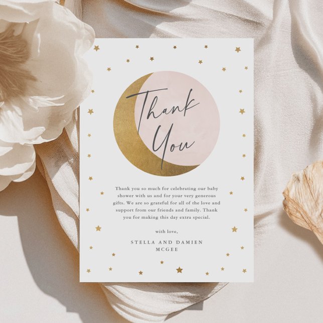 Cartão De Agradecimento Obrigada Lua Dourada e Estrelas Rosa Churrasco de  (Elegant Gold Moon and Stars Script Pink Baby Shower Thank You Card.)