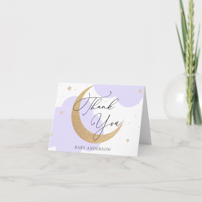 Cartão De Agradecimento Obrigada Lua e Estrelas Roxo Chás de Bebê (Frente)