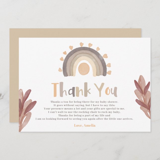Cartão De Agradecimento Obrigado a boho chá de fraldas de sol arco-íris (Frente/Verso)