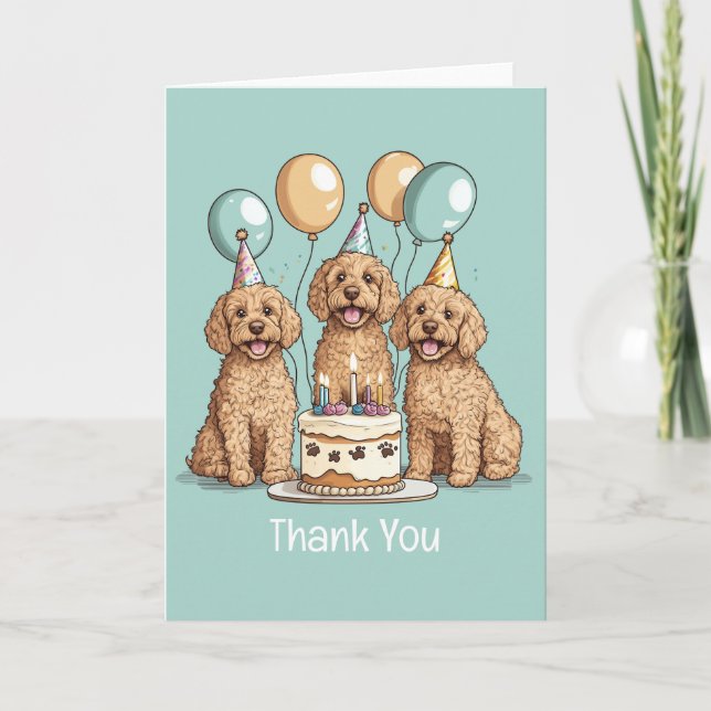 Cartão De Agradecimento Obrigado Aniversário Cachorros de Goldendoodle (Frente)