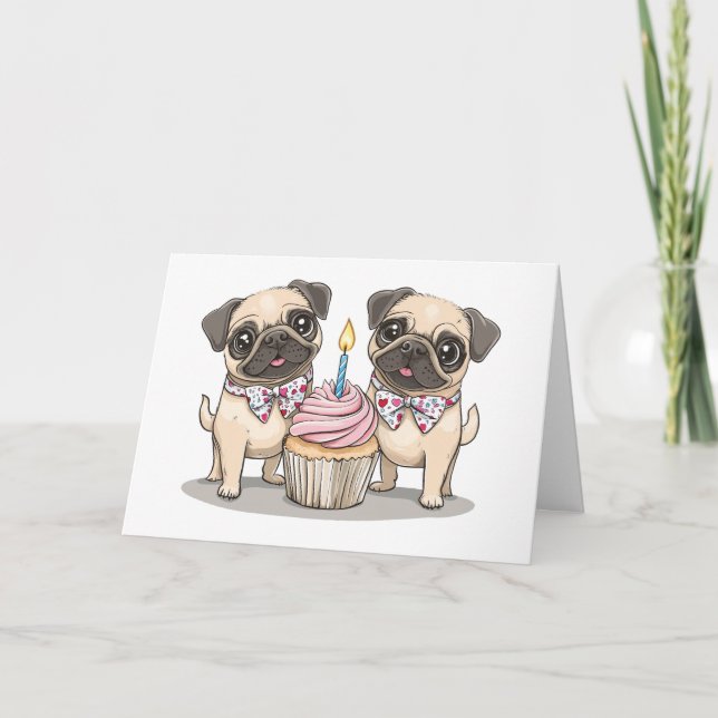 Cartão De Agradecimento Obrigado Aniversário Cupcake De Cães Pug (Frente)