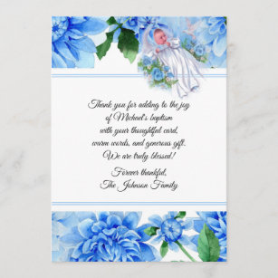 Cartão De Agradecimento Obrigado azul das flores do bebé baptismal você