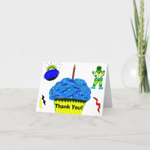 Cartão De Agradecimento Obrigado azul do cupcake da nave espacial do robô