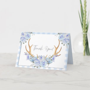 Cartão De Agradecimento Obrigado   Azul Gingham BOHO Floral Antlers
