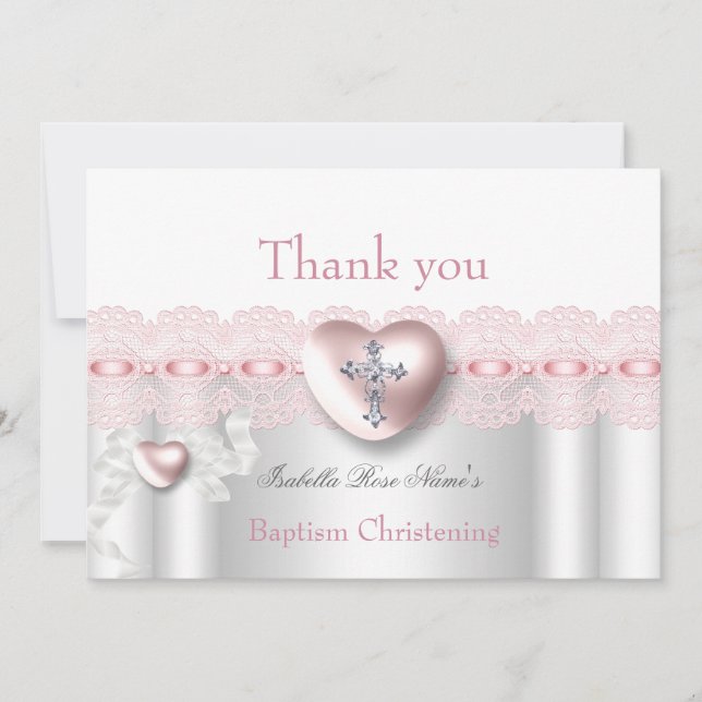 Cartão De Agradecimento Obrigado Baptism Pink Silver Photo Heart Cross (Frente)
