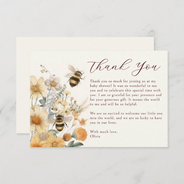 Cartão De Agradecimento Obrigado, Bee Wildflower Chá de fraldas (Frente/Verso)