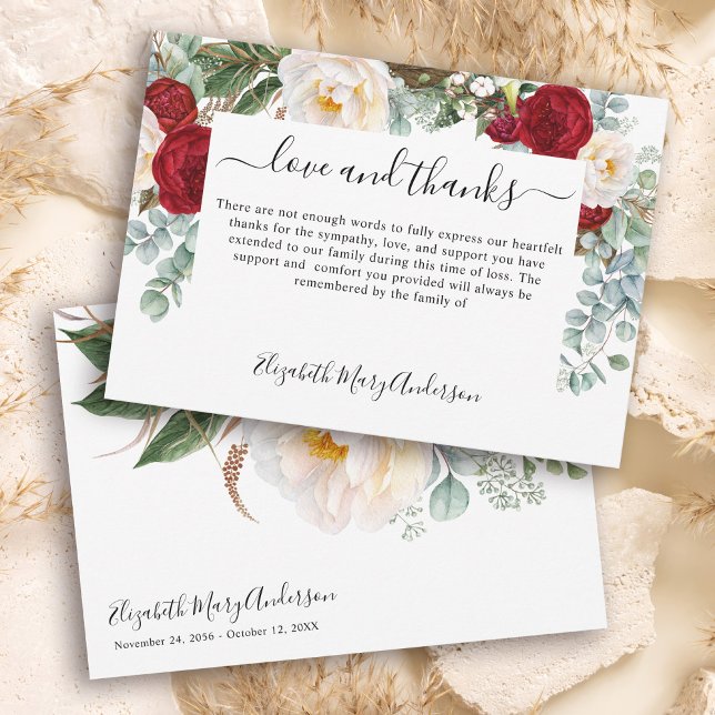Cartão De Agradecimento Obrigado, Bereavement Red White Floral Memorial (Criador carregado)