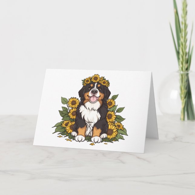 Cartão De Agradecimento Obrigado Bernese Mountain Dog Sunflower Crown (Frente)