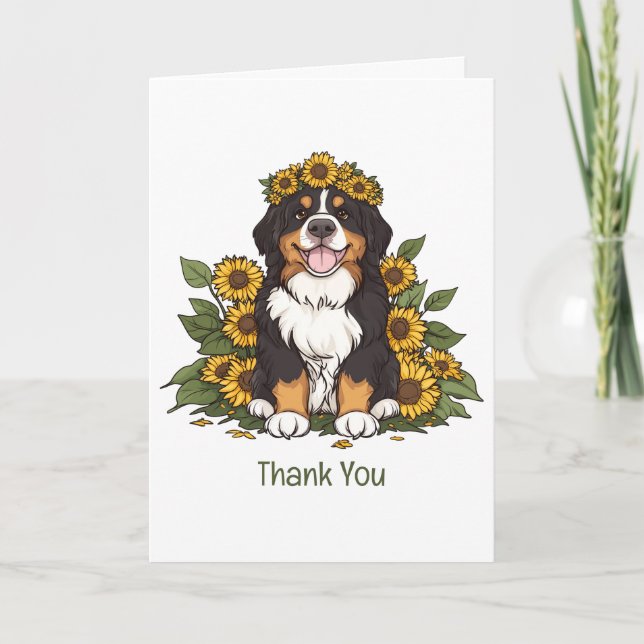 Cartão De Agradecimento Obrigado Bernese Mountain Dog Sunflower Crown (Frente)
