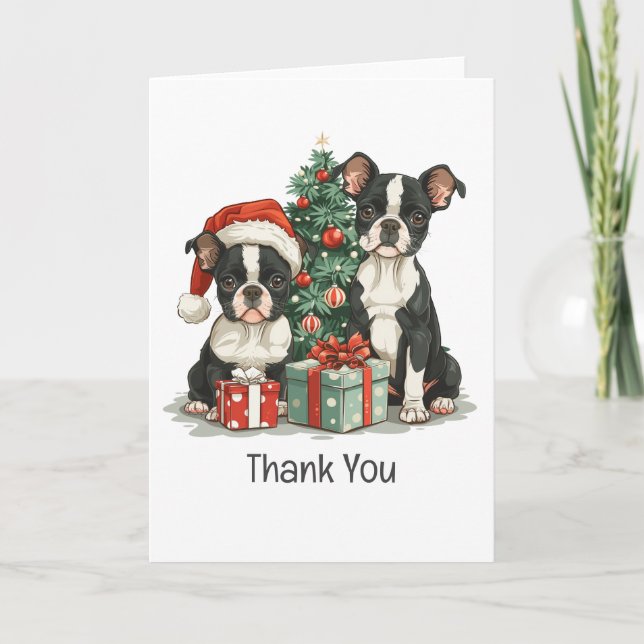 Cartão De Agradecimento Obrigado Boinas de Natal, Boston Terrier Dogs (Frente)