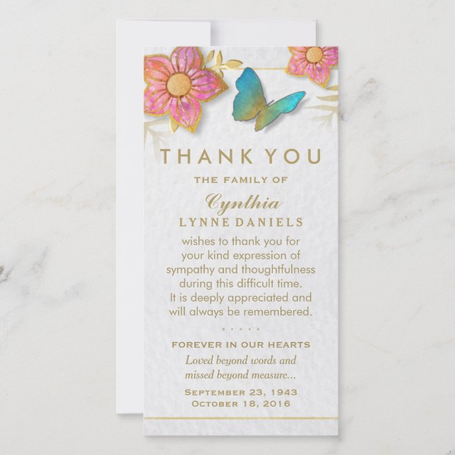 Cartão De Agradecimento Obrigado Borboleta Floral White Dourada Simpatia (Frente)