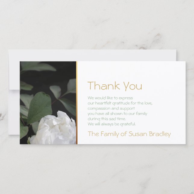 Cartão De Agradecimento Obrigado branco da simpatia do memorial da peônia (Frente)