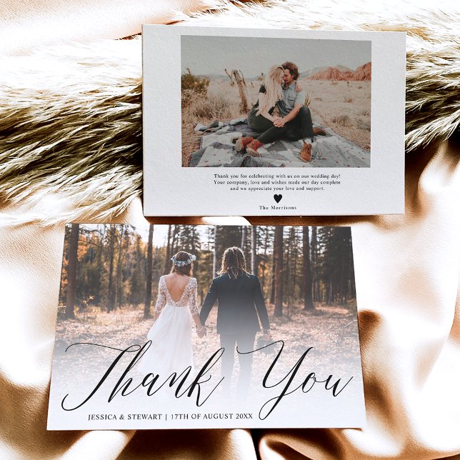 Cartão De Agradecimento Obrigado branco preto clássico você 2 fotos casame (Classic black white thank you 2 photos wedding )