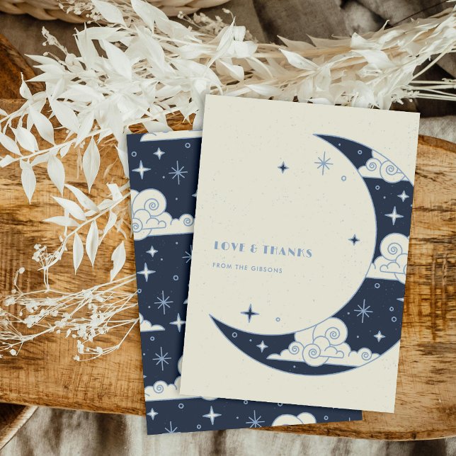 Cartão De Agradecimento Obrigado Casamento Celestial Lua e Estrelas Blue M (Criador carregado)