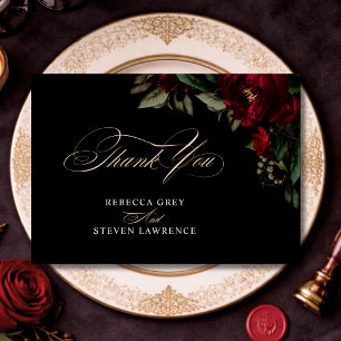 Cartão De Agradecimento Obrigado Casamento Floral Vermelho Verde Sombrio G